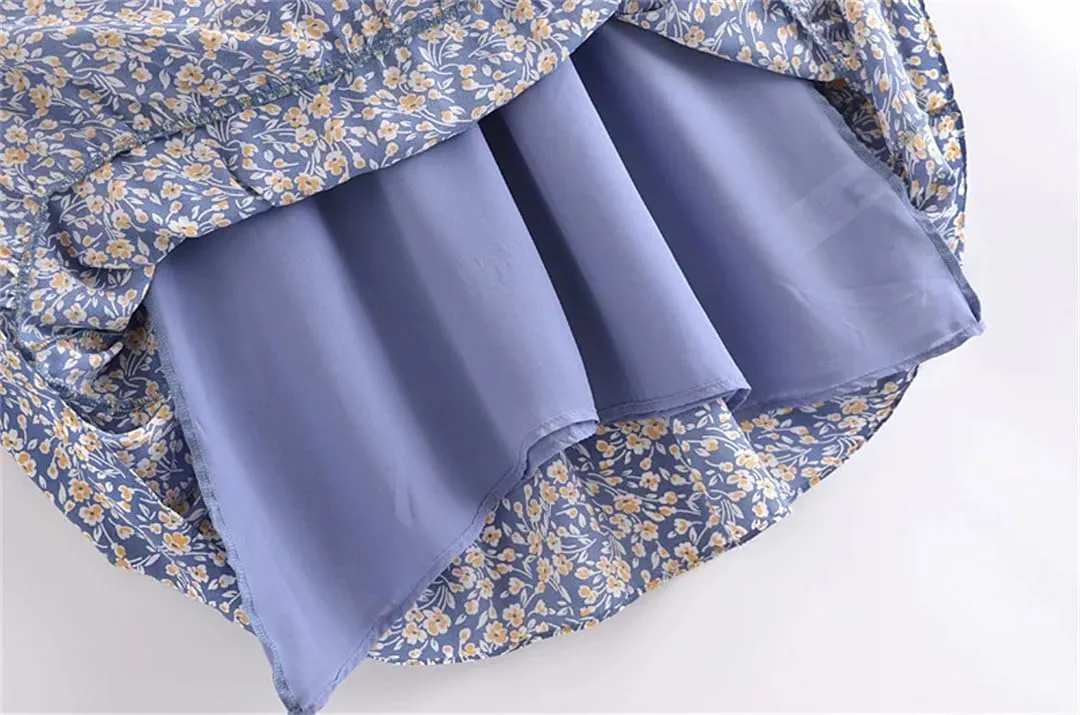 Women Floral Print Chiffon Dress Spaghetti Strap Party Midi Dresses Square Collar