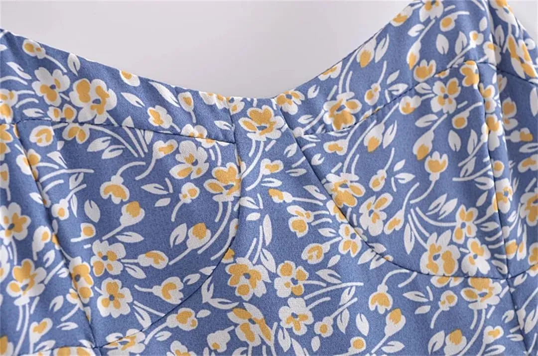 Women Floral Print Chiffon Dress Spaghetti Strap Party Midi Dresses Square Collar