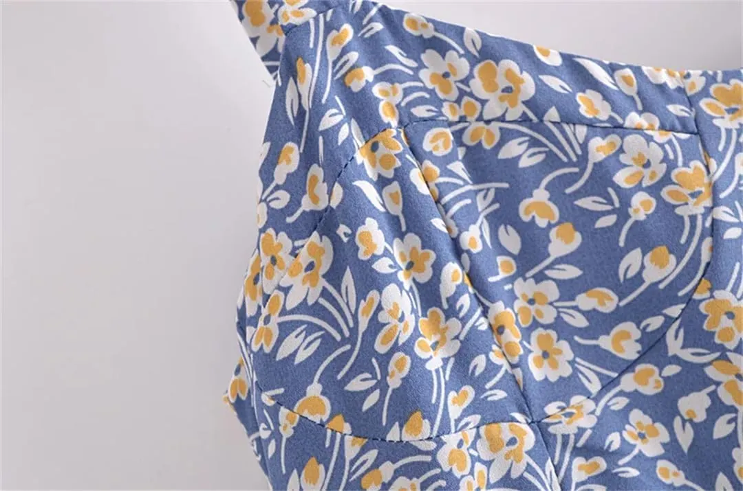 Women Floral Print Chiffon Dress Spaghetti Strap Party Midi Dresses Square Collar