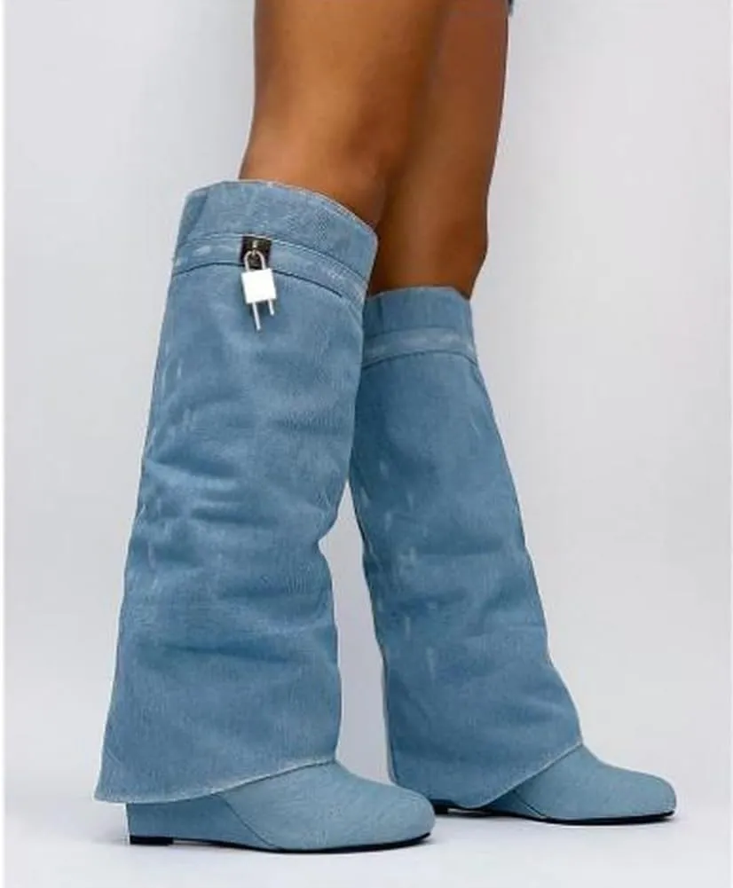 Women Fold Over Wedge Boots Padlock Knee High Fashion Pull On Boots