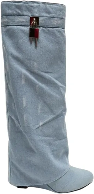 Women Fold Over Wedge Boots Padlock Knee High Fashion Pull On Boots