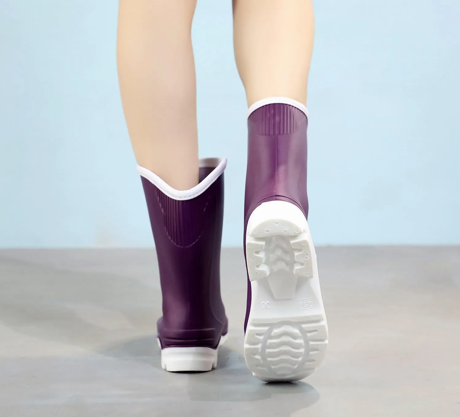 Women Half Calf Ankle Rubber Rainboots 2 Color Waterproof Boots for Garden Rain Round Toe Rainboots