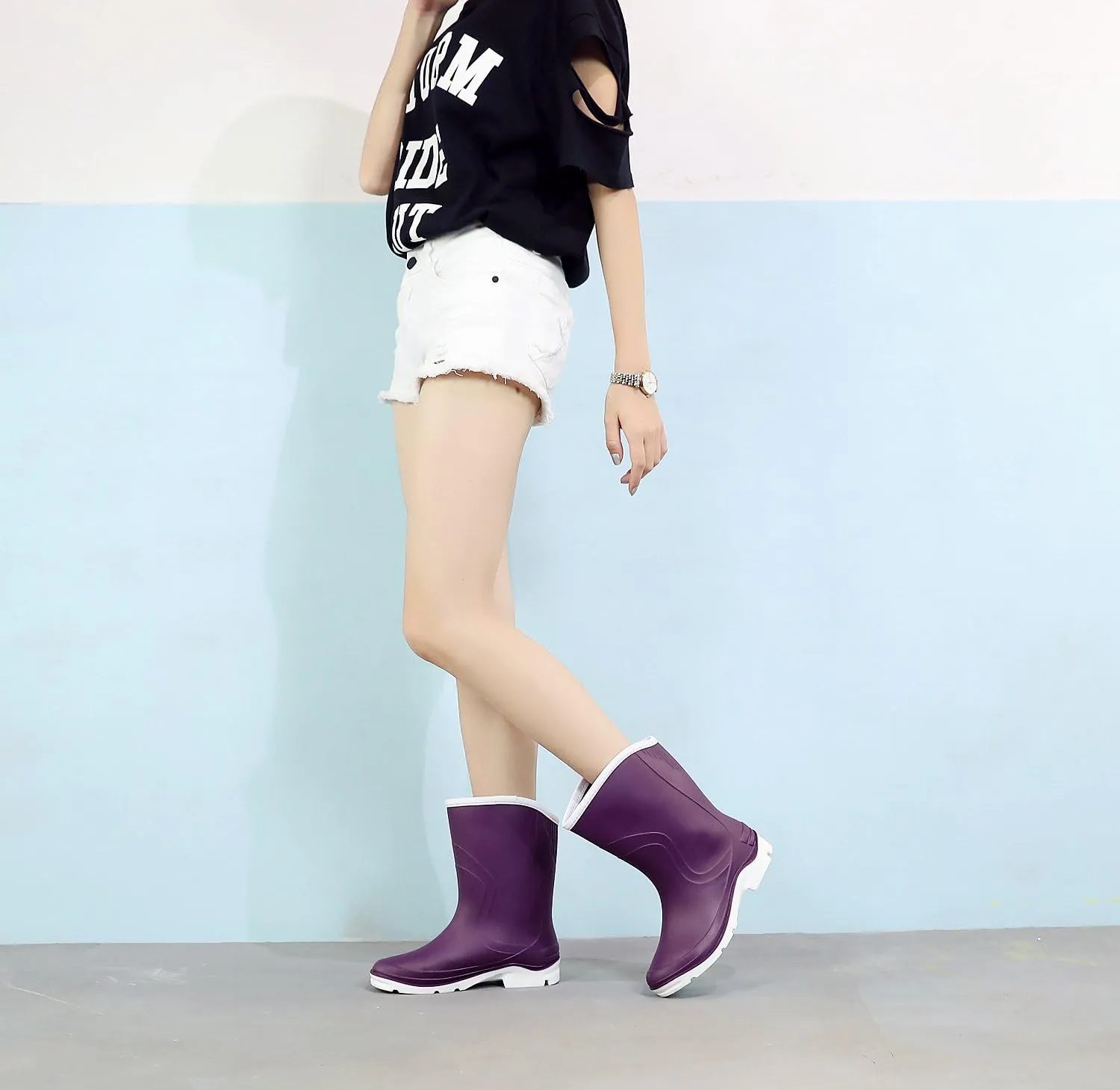 Women Half Calf Ankle Rubber Rainboots 2 Color Waterproof Boots for Garden Rain Round Toe Rainboots