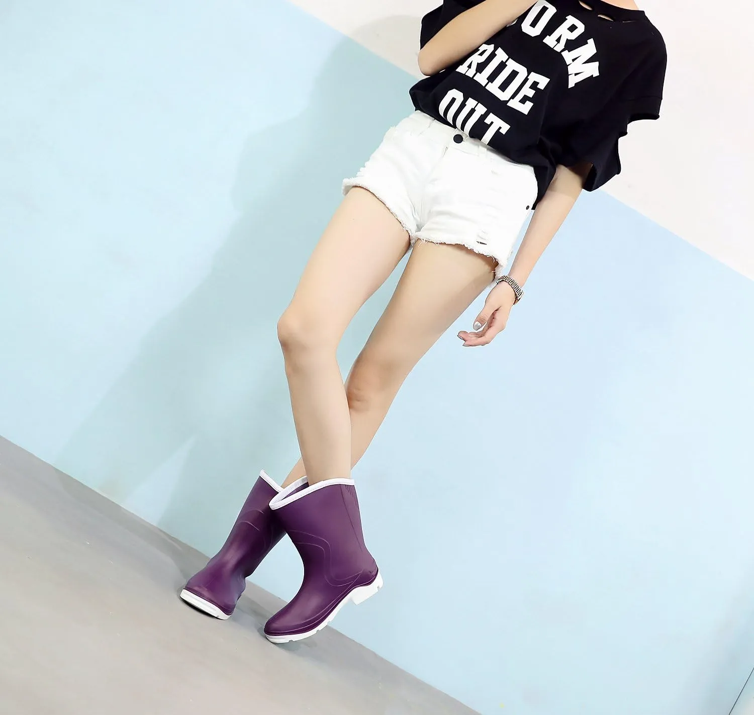 Women Half Calf Ankle Rubber Rainboots 2 Color Waterproof Boots for Garden Rain Round Toe Rainboots