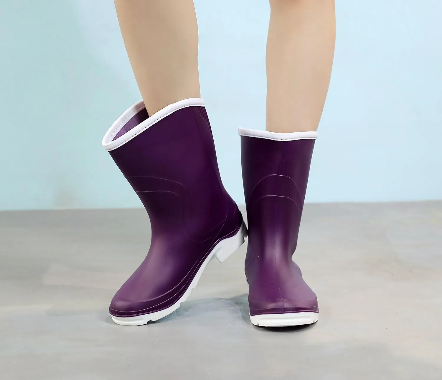 Women Half Calf Ankle Rubber Rainboots 2 Color Waterproof Boots for Garden Rain Round Toe Rainboots