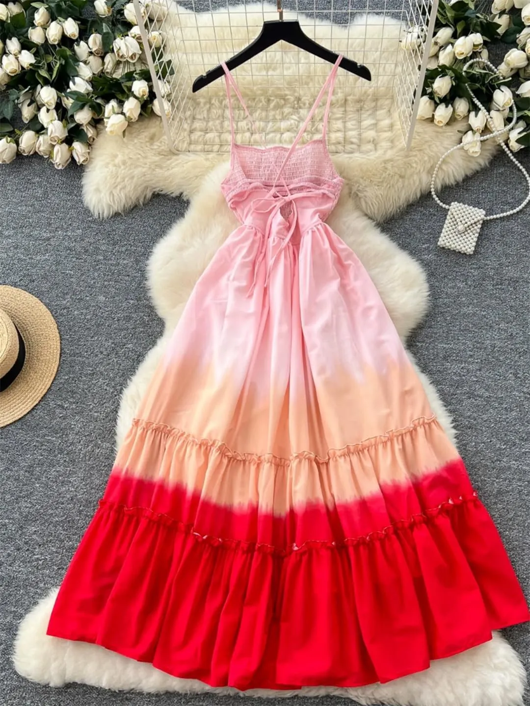 Women Holiday Beach Gradient Long Dress Spaghetti Strap Backless Dress Birthday Party Dresses