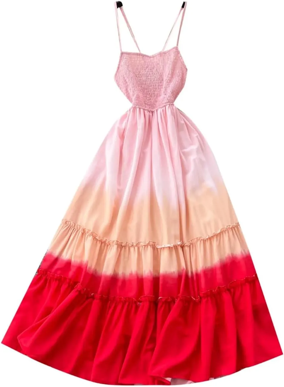 Women Holiday Beach Gradient Long Dress Spaghetti Strap Backless Dress Birthday Party Dresses