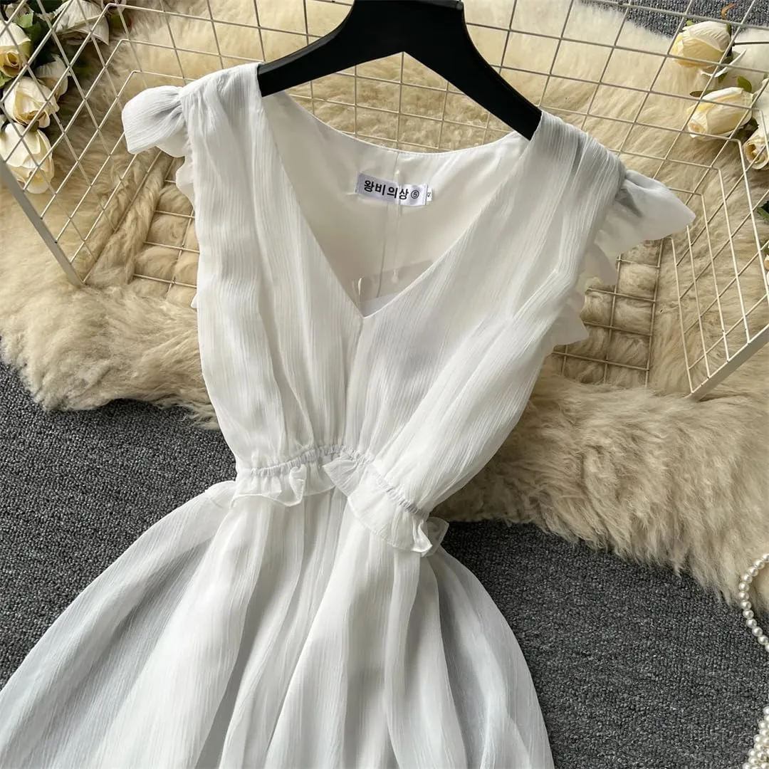 Women Pleated High Waist V-Neck Flying Sleeve Dress Vacation Slim Party Chiffon Hip Wrap Dresses