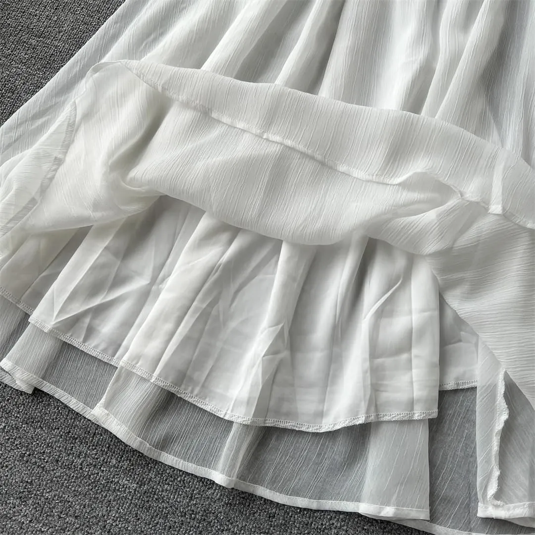 Women Pleated High Waist V-Neck Flying Sleeve Dress Vacation Slim Party Chiffon Hip Wrap Dresses