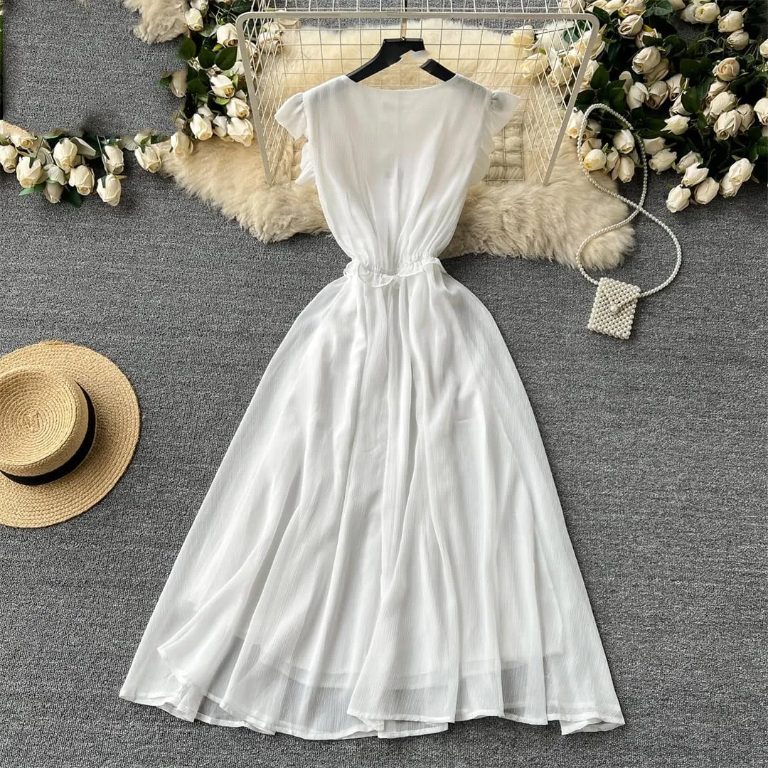 Women Pleated High Waist V-Neck Flying Sleeve Dress Vacation Slim Party Chiffon Hip Wrap Dresses