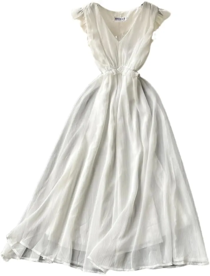 Women Pleated High Waist V-Neck Flying Sleeve Dress Vacation Slim Party Chiffon Hip Wrap Dresses