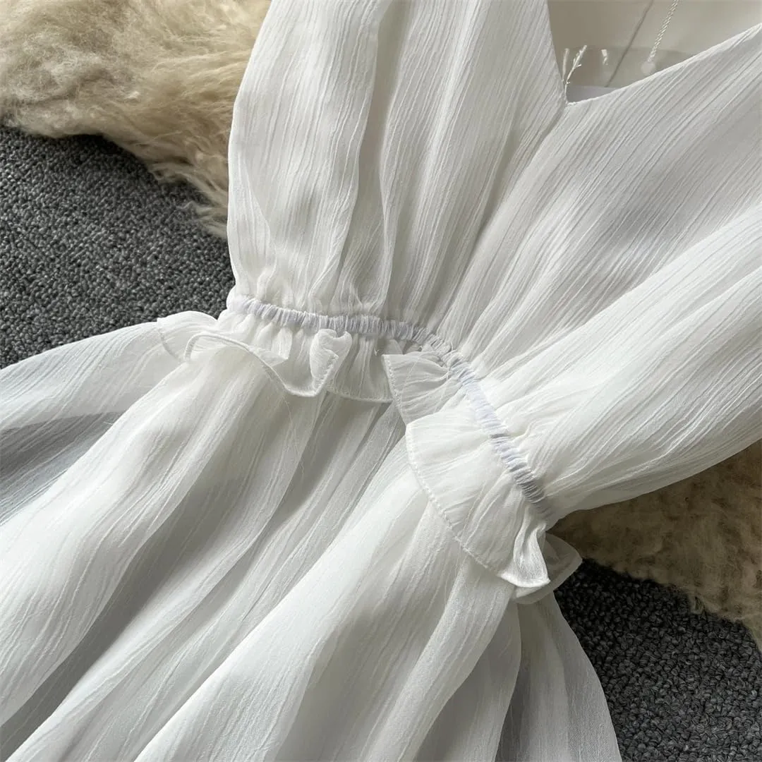 Women Pleated High Waist V-Neck Flying Sleeve Dress Vacation Slim Party Chiffon Hip Wrap Dresses