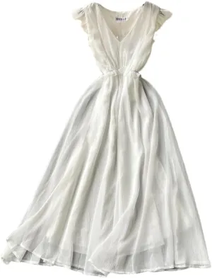 Women Pleated High Waist V-Neck Flying Sleeve Dress Vacation Slim Party Chiffon Hip Wrap Dresses