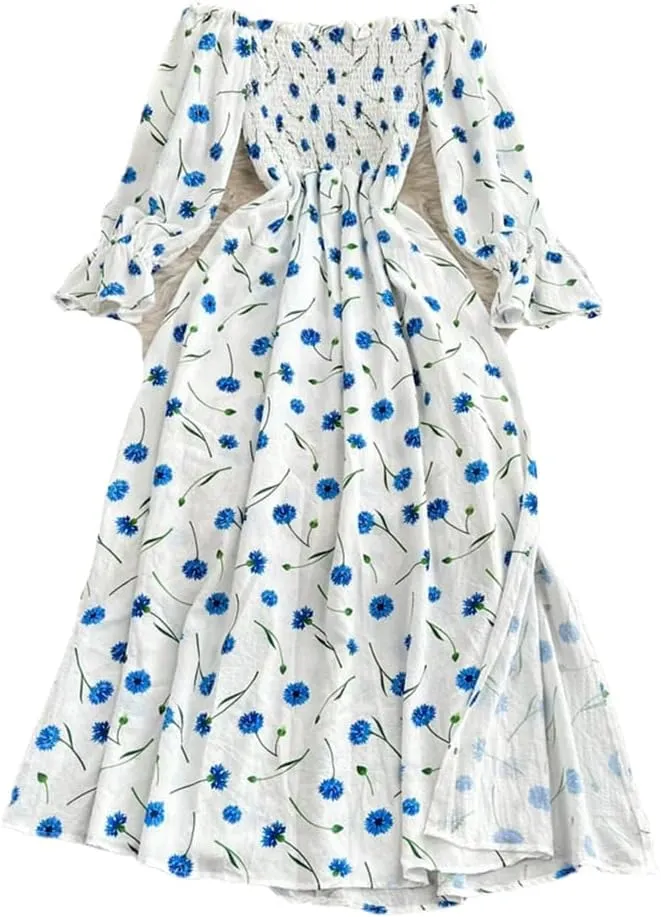 Women Print Square Neck Puff Sleeve Vintage Dress Pleated Beach Long Dresses