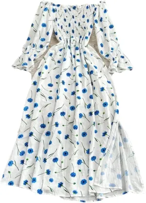 Women Print Square Neck Puff Sleeve Vintage Dress Pleated Beach Long Dresses