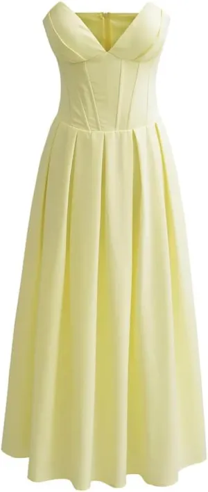 Women Retro Party Dress Sleeveless Off Shoulder V Neck Midi Dress Backless Solid Slim Fit Dress