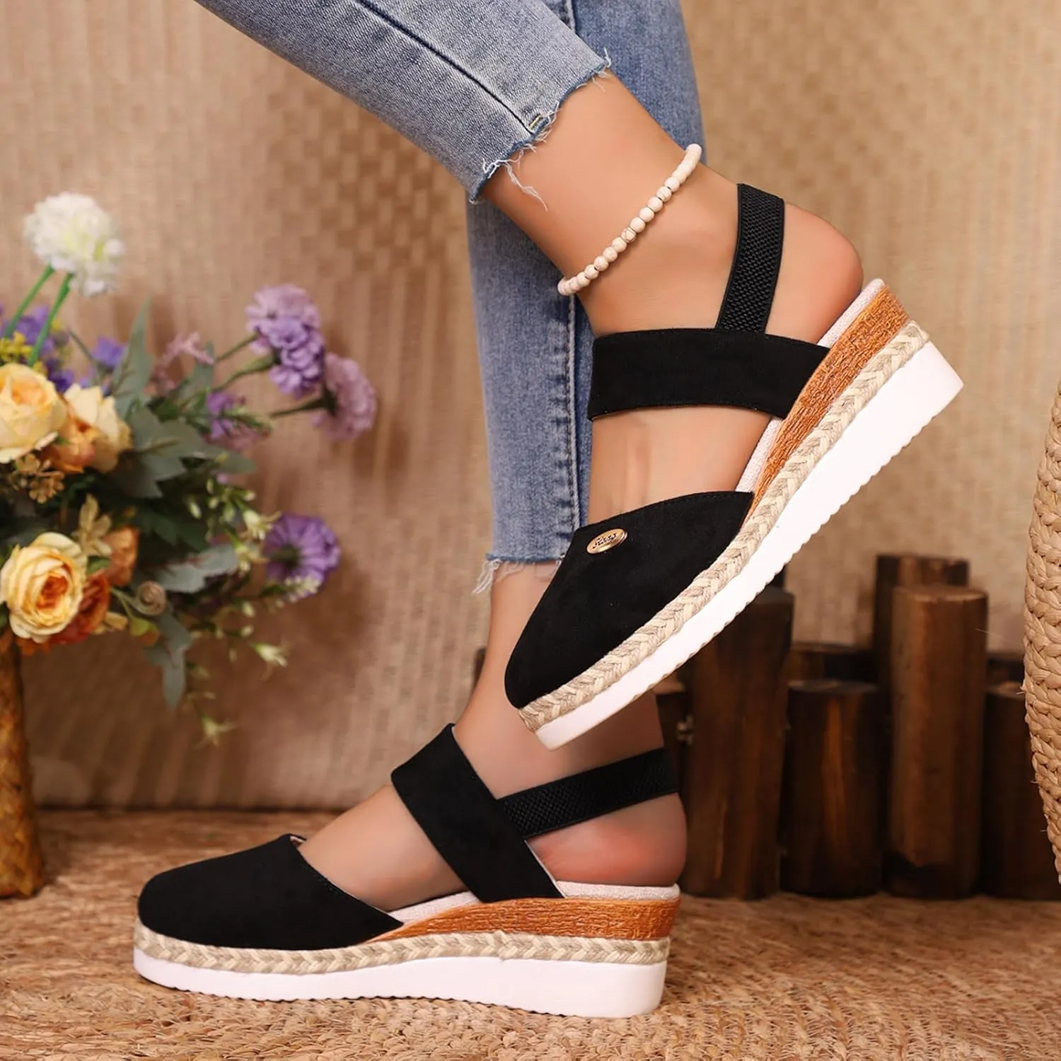 Women Sandals Solid Close Toe Wedge Heeled Sandal Casual Slip on Flats Beach Dress Slippers Comfortable Outdoor Shoes