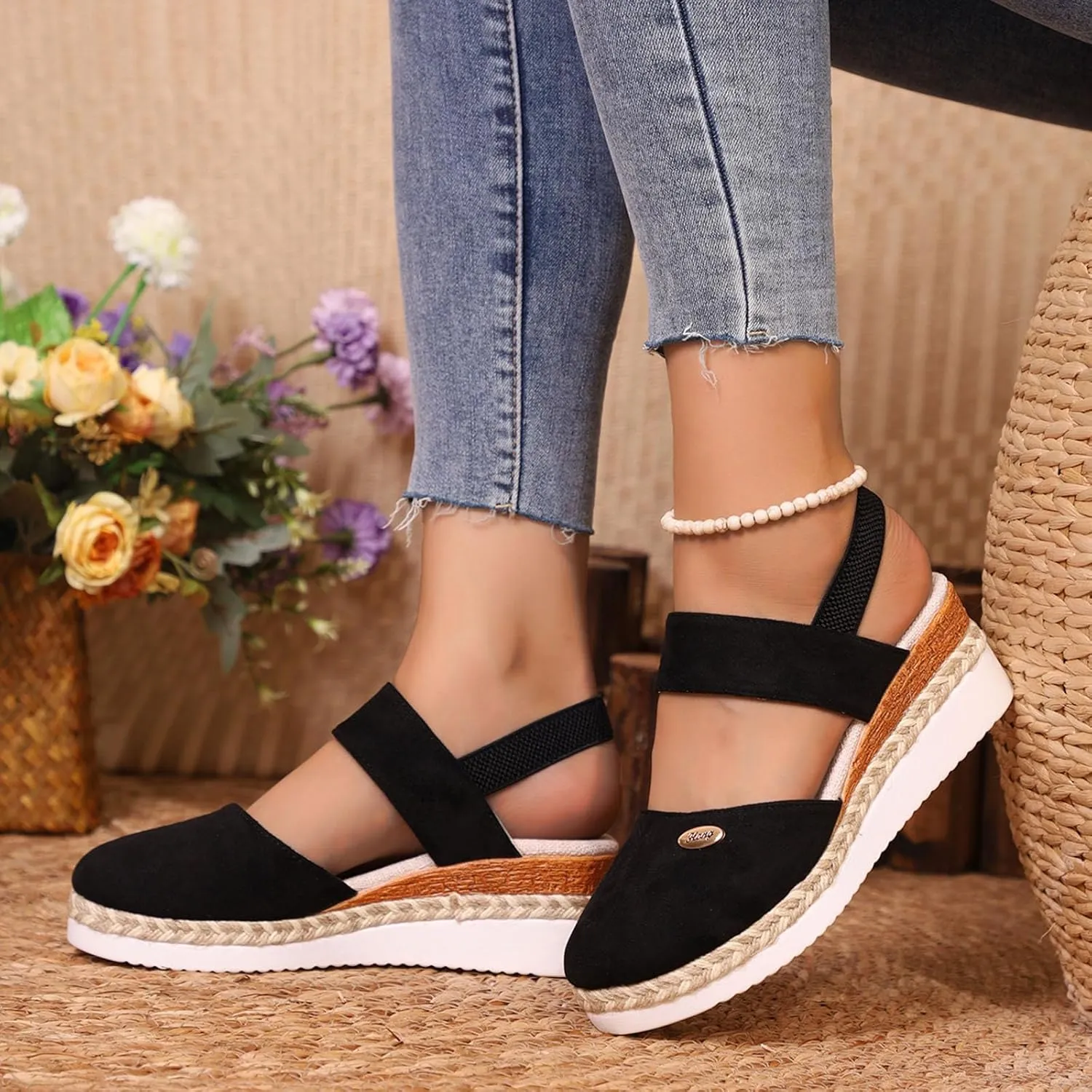 Women Sandals Solid Close Toe Wedge Heeled Sandal Casual Slip on Flats Beach Dress Slippers Comfortable Outdoor Shoes