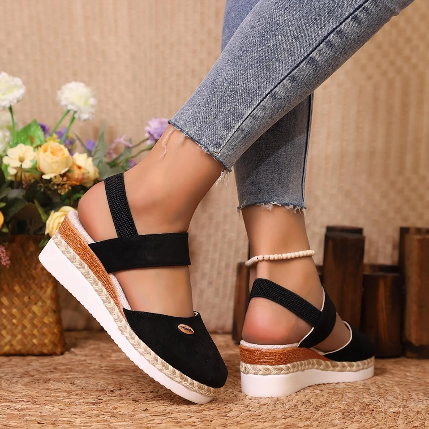 Women Sandals Solid Close Toe Wedge Heeled Sandal Casual Slip on Flats Beach Dress Slippers Comfortable Outdoor Shoes