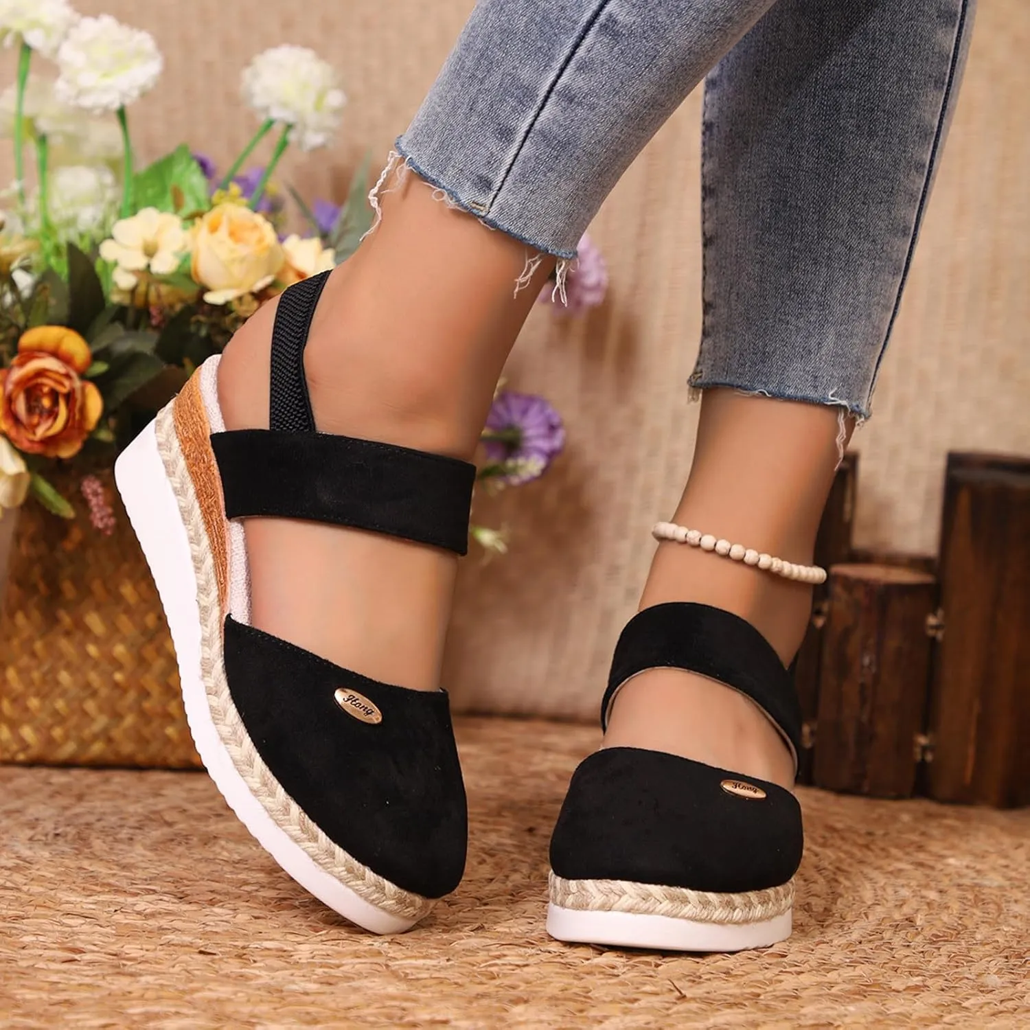 Women Sandals Solid Close Toe Wedge Heeled Sandal Casual Slip on Flats Beach Dress Slippers Comfortable Outdoor Shoes