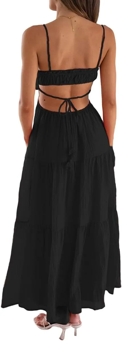 Women Sexy Spaghetti Strap Low Cut Dress Y2k Bodycon Long Dress Sleeveless Backless Maxi Dresses Going Out Party Clubwear