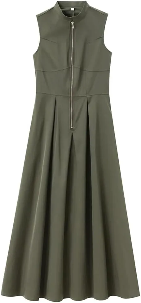 Women Sleeveless Pleated Maxi Long Dresses Front Zipper Pockets Slim A Line Big Hem Holiday Dress