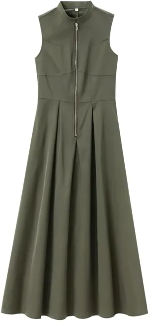 Women Sleeveless Pleated Maxi Long Dresses Front Zipper Pockets Slim A Line Big Hem Holiday Dress