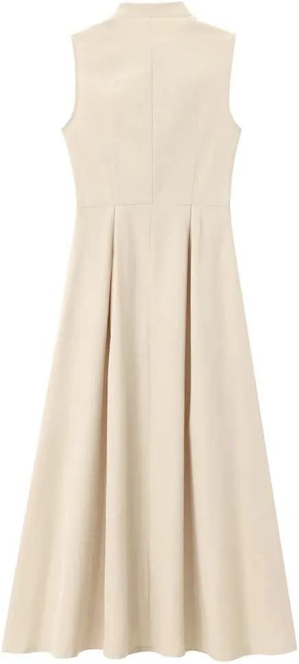 Women Sleeveless Pleated Maxi Long Dresses Front Zipper Pockets Slim A Line Big Hem Holiday Dress