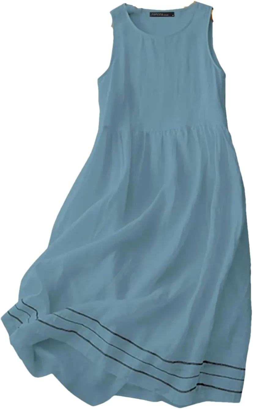 Women Sleeveless Striped Sundress Crew Neck Holiday Party Tanks Dress Work A-Line Loose Dresses