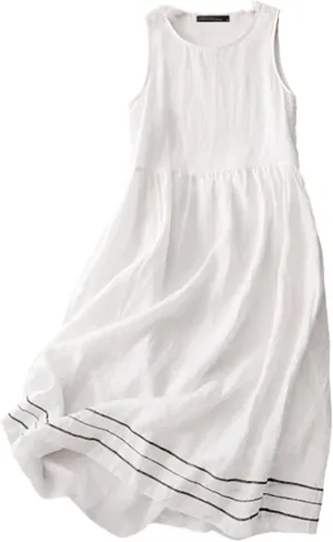Women Sleeveless Striped Sundress Crew Neck Holiday Party Tanks Dress Work A-Line Loose Dresses