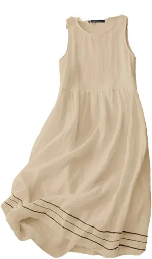 Women Sleeveless Striped Sundress Crew Neck Holiday Party Tanks Dress Work A-Line Loose Dresses