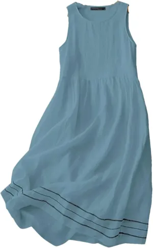 Women Sleeveless Striped Sundress Crew Neck Holiday Party Tanks Dress Work A-Line Loose Dresses