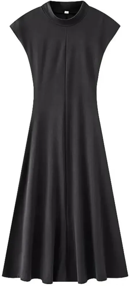 Women Soft Comfortable Sleeveless Dress Solid Color Draped Off-Shoulder Slim Midi Dresses