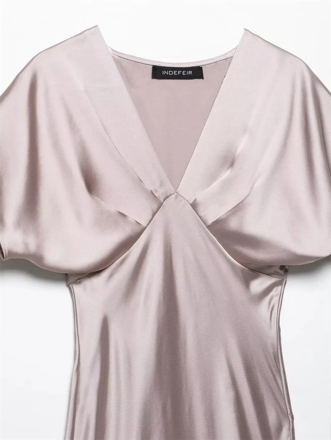 Women Solid Color Short Sleeve Satin Midi Dress Casual Slim V Neck Draped A-Line Dresses
