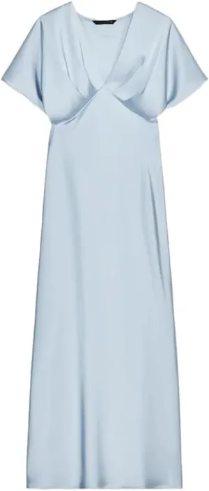 Women Solid Color Short Sleeve Satin Midi Dress Casual Slim V Neck Draped A-Line Dresses