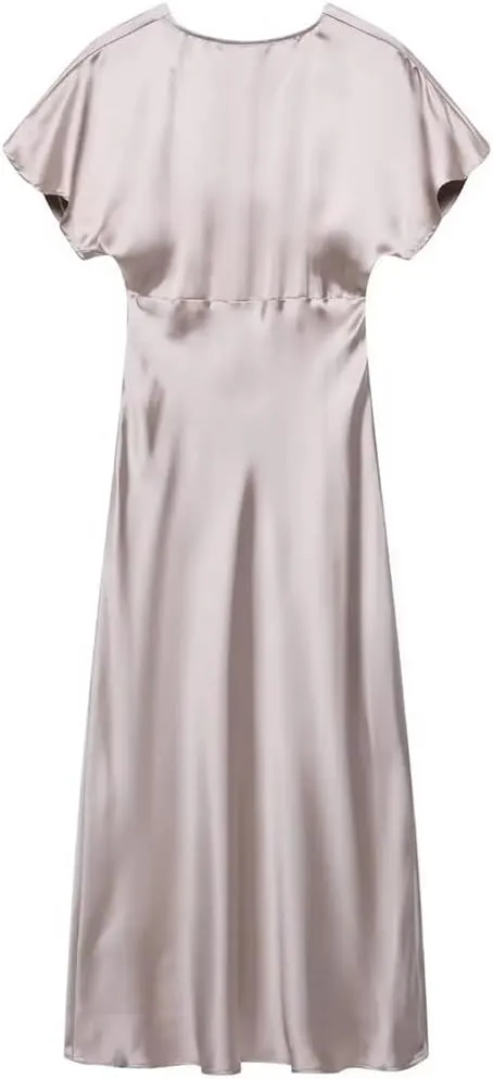 Women Solid Color Short Sleeve Satin Midi Dress Casual Slim V Neck Draped A-Line Dresses