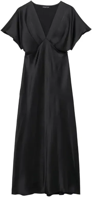 Women Solid Color Short Sleeve Satin Midi Dress Casual Slim V Neck Draped A-Line Dresses