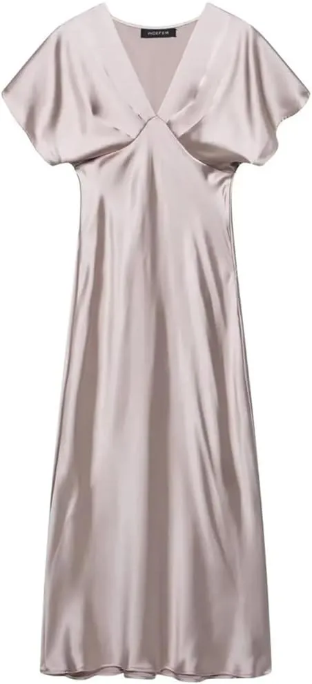 Women Solid Color Short Sleeve Satin Midi Dress Casual Slim V Neck Draped A-Line Dresses