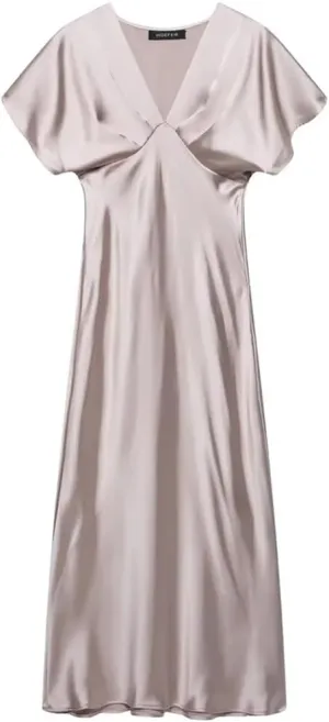 Women Solid Color Short Sleeve Satin Midi Dress Casual Slim V Neck Draped A-Line Dresses