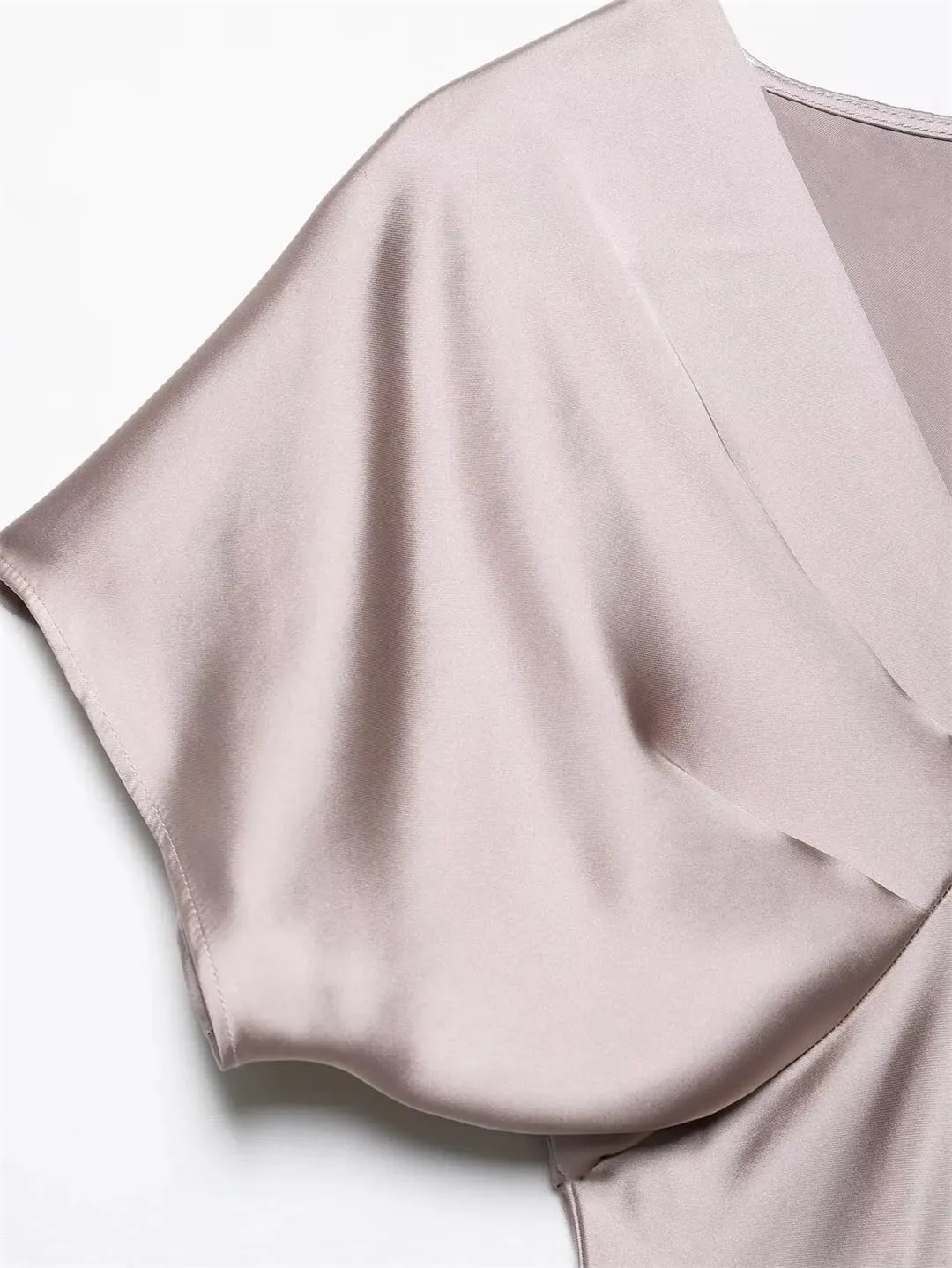 Women Solid Color Short Sleeve Satin Midi Dress Casual Slim V Neck Draped A-Line Dresses