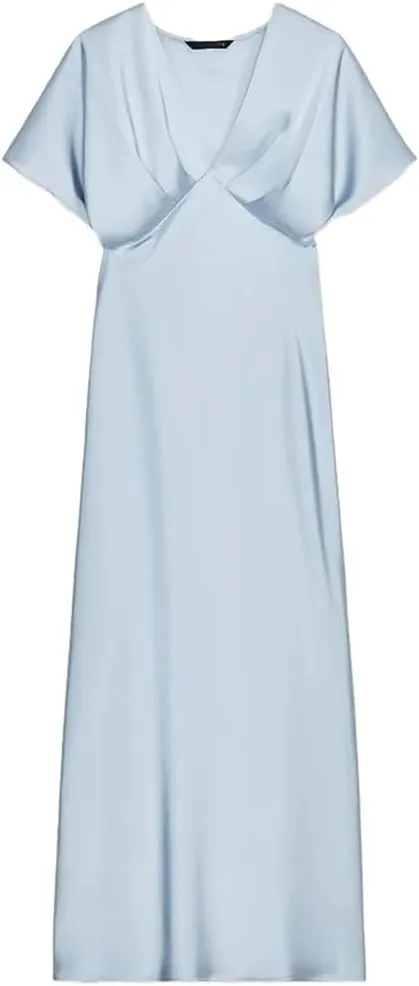 Women Solid Color Short Sleeve Satin Midi Dress Casual Slim V Neck Draped A-Line Dresses