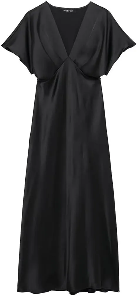 Women Solid Color Short Sleeve Satin Midi Dress Casual Slim V Neck Draped A-Line Dresses