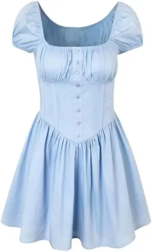 Women Solid Pleated Slim Fit Short Puff Sleeve Dress Elastic Square Collar Low Waist Swing Mini Robe