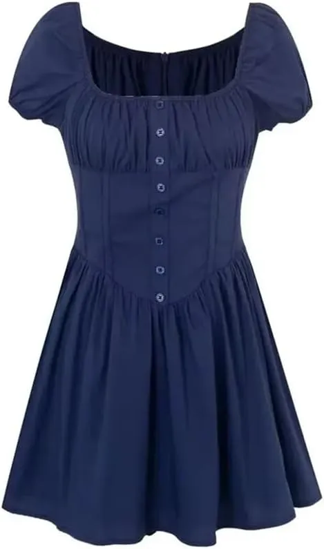 Women Solid Pleated Slim Fit Short Puff Sleeve Dress Elastic Square Collar Low Waist Swing Mini Robe