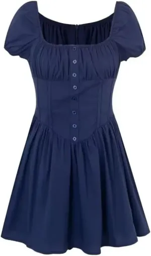 Women Solid Pleated Slim Fit Short Puff Sleeve Dress Elastic Square Collar Low Waist Swing Mini Robe