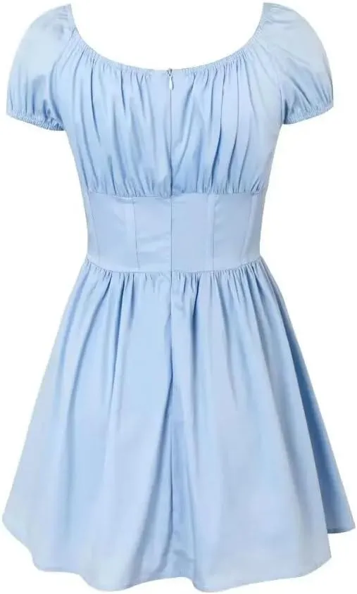 Women Solid Pleated Slim Fit Short Puff Sleeve Dress Elastic Square Collar Low Waist Swing Mini Robe