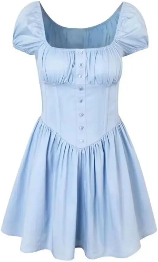 Women Solid Pleated Slim Fit Short Puff Sleeve Dress Elastic Square Collar Low Waist Swing Mini Robe