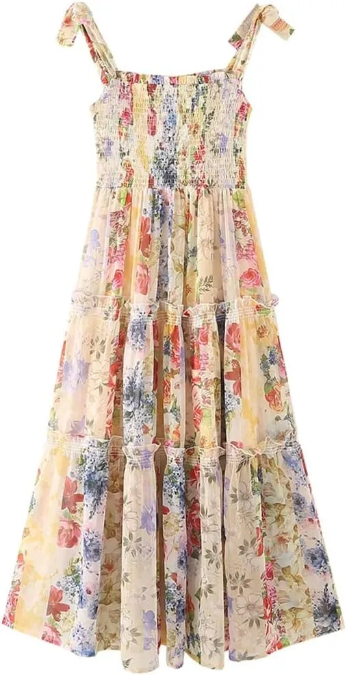 Women Spaghetti Strap Floral Print Chiffon Dress Sleeveless Boho Holiday Dresses Party Robe