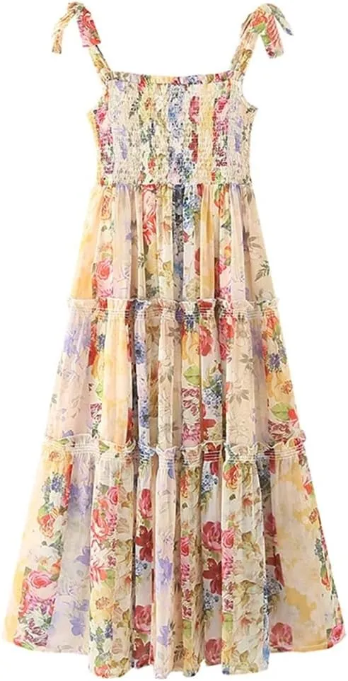 Women Spaghetti Strap Floral Print Chiffon Dress Sleeveless Boho Holiday Dresses Party Robe