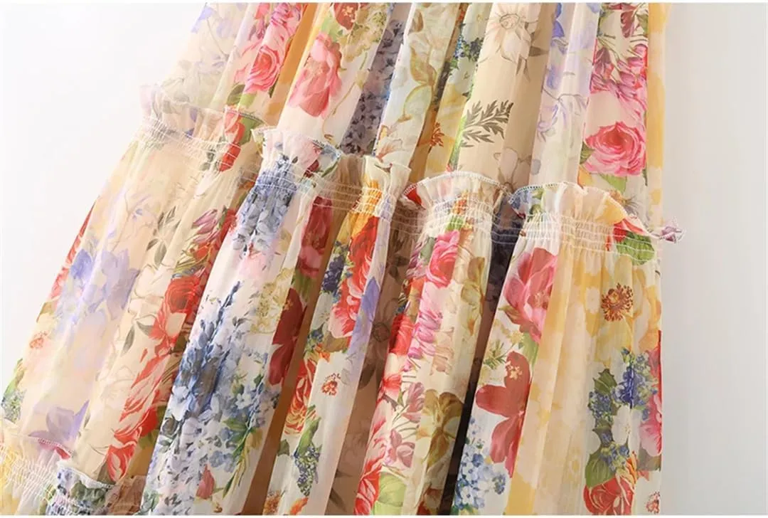 Women Spaghetti Strap Floral Print Chiffon Dress Sleeveless Boho Holiday Dresses Party Robe